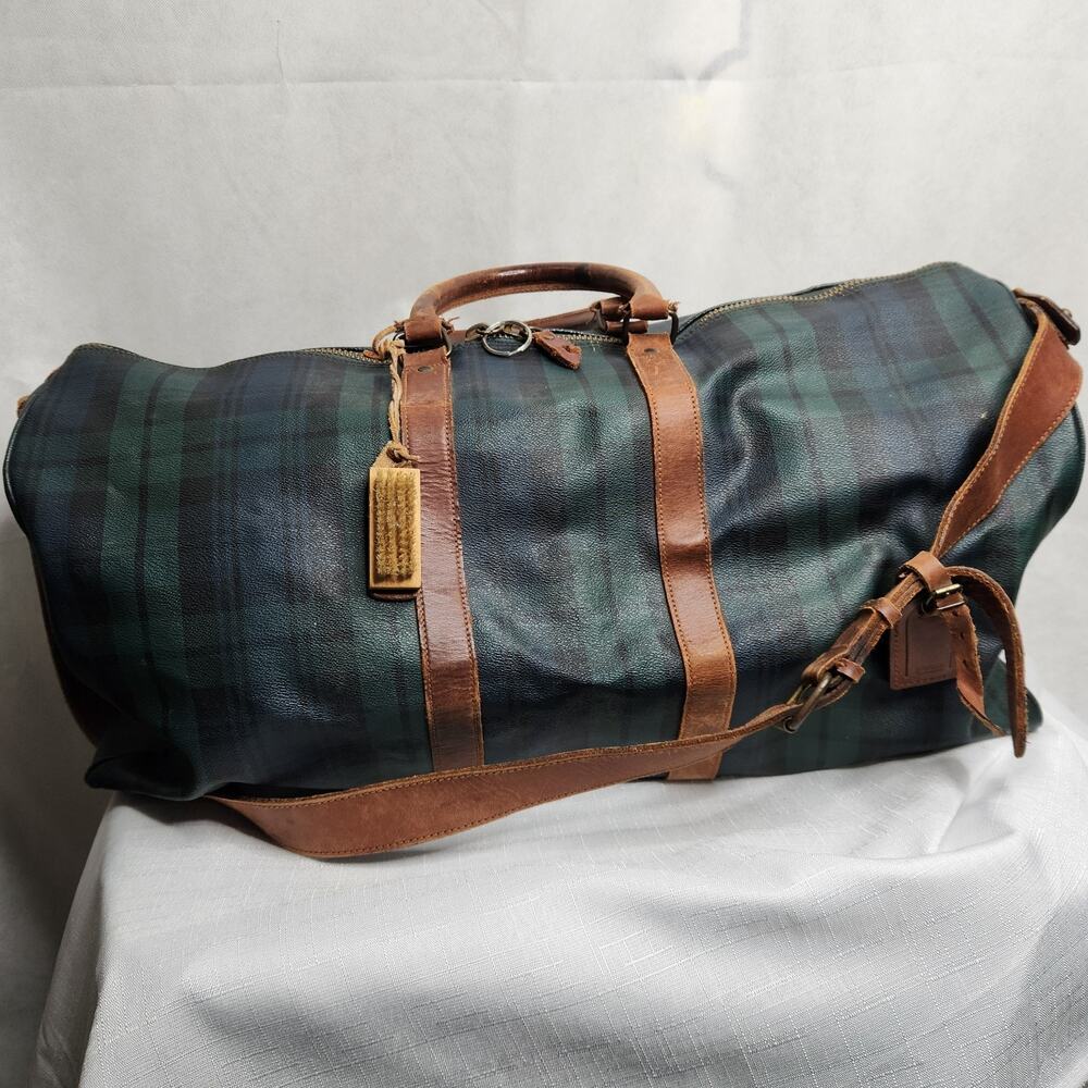 Vintage Ralph Lauren Polo Green Blackwatch Plaid Duffle Overnight Bag L